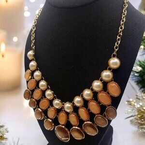 Vintage NY & Co. Taupe Beige & Pearl Glitter Cabochon Gold Tone Necklacel